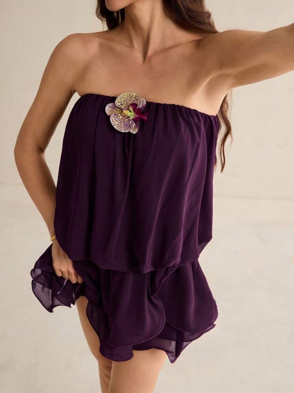 Purple Strapless Ruffle Mini Dress | Tall XS | Orchid Detail | Never Worn